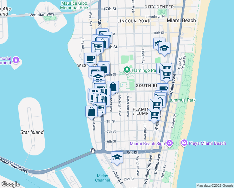 map of restaurants, bars, coffee shops, grocery stores, and more near 1050 Michigan Avenue in Miami Beach