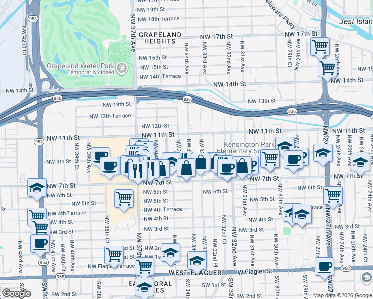 map of restaurants, bars, coffee shops, grocery stores, and more near 934 Northwest 34th Avenue in Miami