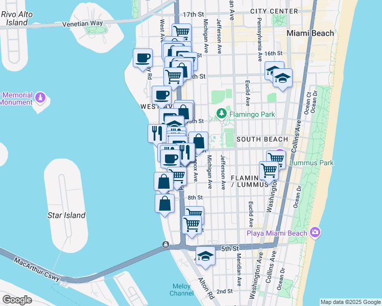 map of restaurants, bars, coffee shops, grocery stores, and more near 1131 11th Street in Miami Beach