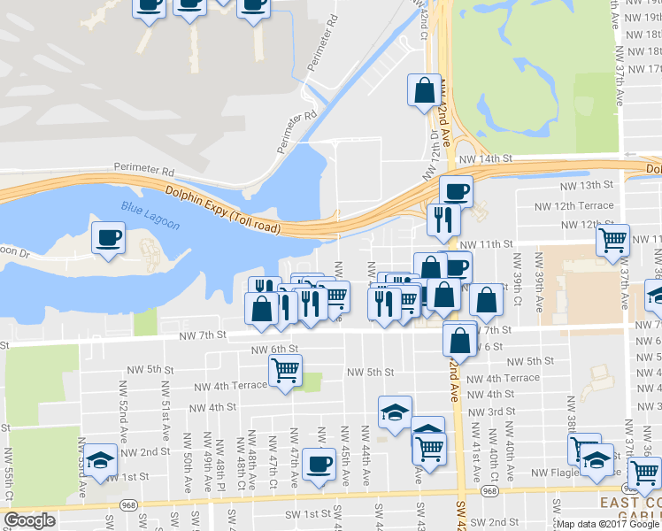 map of restaurants, bars, coffee shops, grocery stores, and more near 1015 Northwest 45th Avenue in Miami