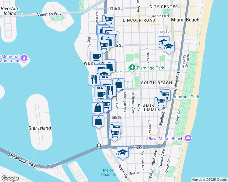 map of restaurants, bars, coffee shops, grocery stores, and more near 1131 11th Street in Miami Beach