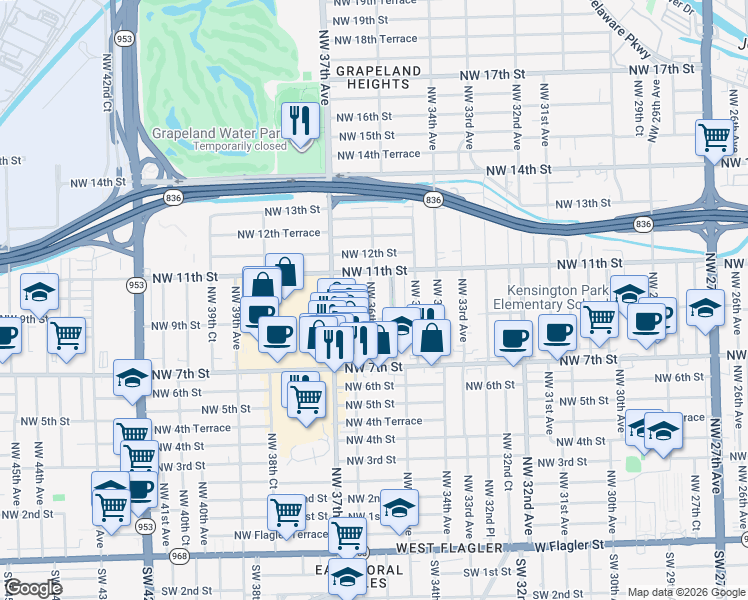 map of restaurants, bars, coffee shops, grocery stores, and more near 1000 Northwest 36th Avenue in Miami