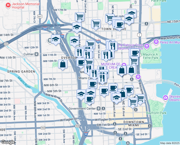 map of restaurants, bars, coffee shops, grocery stores, and more near 823 Northwest 1st Avenue in Miami