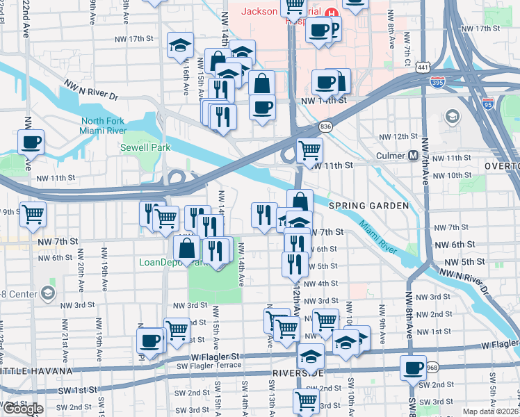 map of restaurants, bars, coffee shops, grocery stores, and more near 800 Northwest 13th Avenue in Miami