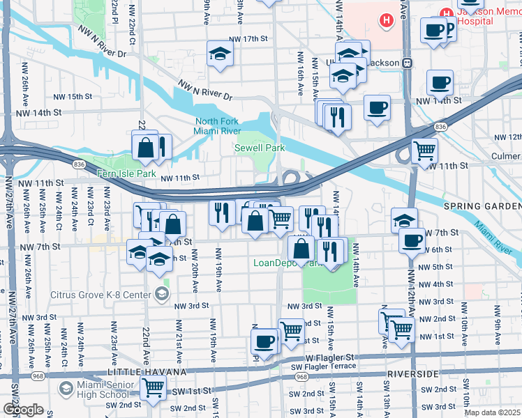map of restaurants, bars, coffee shops, grocery stores, and more near 869 Northwest 18th Place in Miami