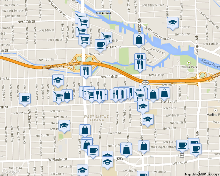 map of restaurants, bars, coffee shops, grocery stores, and more near 937 Northwest 24th Avenue in Miami
