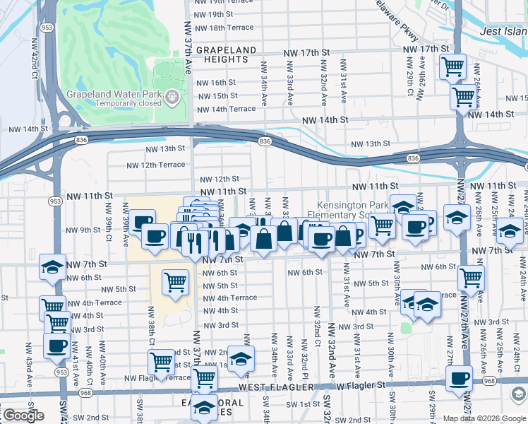 map of restaurants, bars, coffee shops, grocery stores, and more near 934 Northwest 34th Avenue in Miami