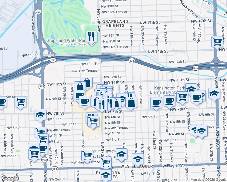 map of restaurants, bars, coffee shops, grocery stores, and more near 1000 Northwest 36th Avenue in Miami