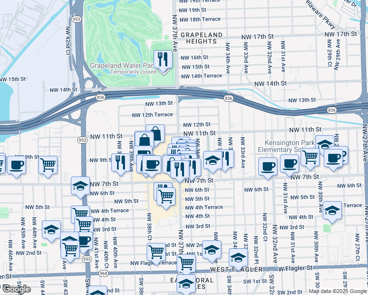 map of restaurants, bars, coffee shops, grocery stores, and more near 750 Northwest 37th Avenue in Miami
