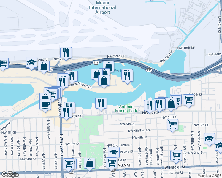 map of restaurants, bars, coffee shops, grocery stores, and more near 5202 Blue Lagoon Drive in Miami