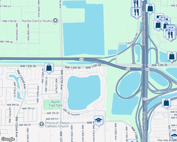 map of restaurants, bars, coffee shops, grocery stores, and more near 1179 Northwest 124 Place in Miami