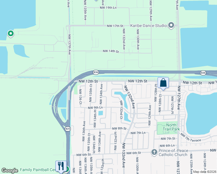 map of restaurants, bars, coffee shops, grocery stores, and more near 1181 Northwest 134th Avenue in Miami