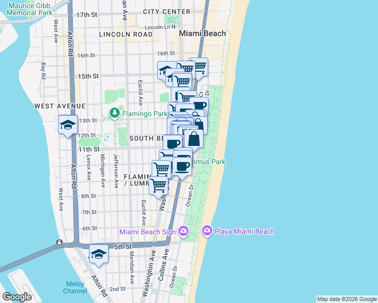 map of restaurants, bars, coffee shops, grocery stores, and more near 1100 Collins Avenue in Miami Beach