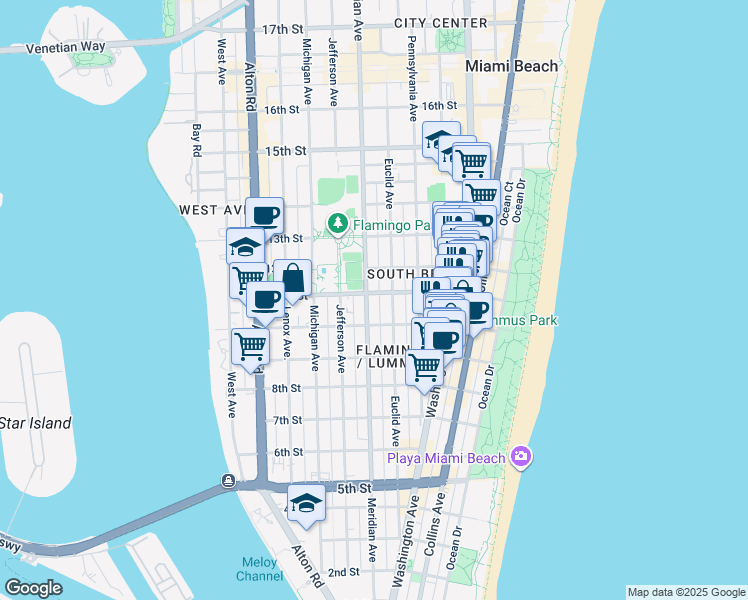 map of restaurants, bars, coffee shops, grocery stores, and more near 739 11th Street in Miami Beach