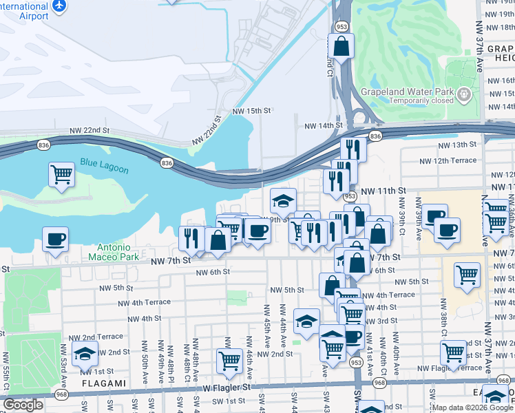 map of restaurants, bars, coffee shops, grocery stores, and more near 1015 Northwest 45th Avenue in Miami