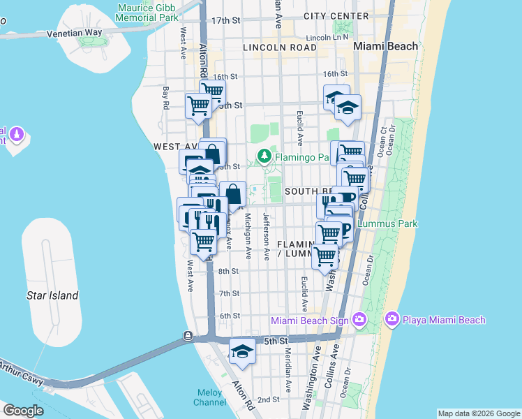 map of restaurants, bars, coffee shops, grocery stores, and more near 1052 Jefferson Avenue in Miami Beach