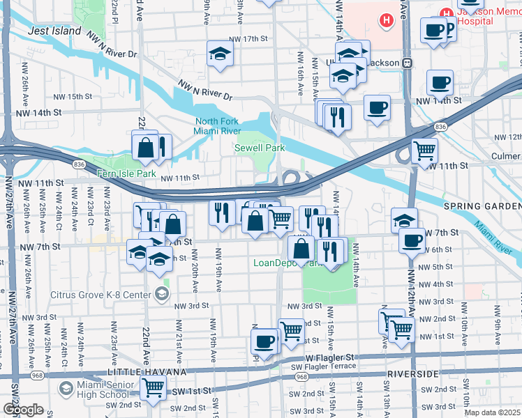 map of restaurants, bars, coffee shops, grocery stores, and more near 869 Northwest 18th Place in Miami
