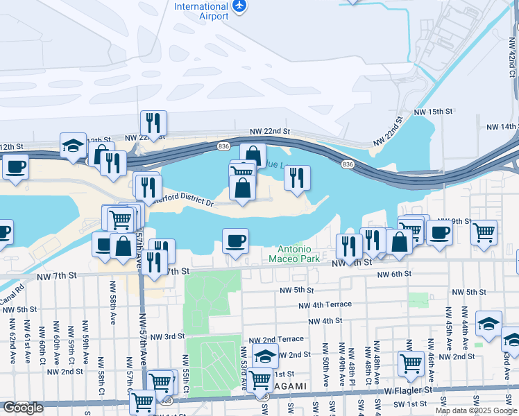 map of restaurants, bars, coffee shops, grocery stores, and more near 5200 Blue Lagoon Drive in Miami