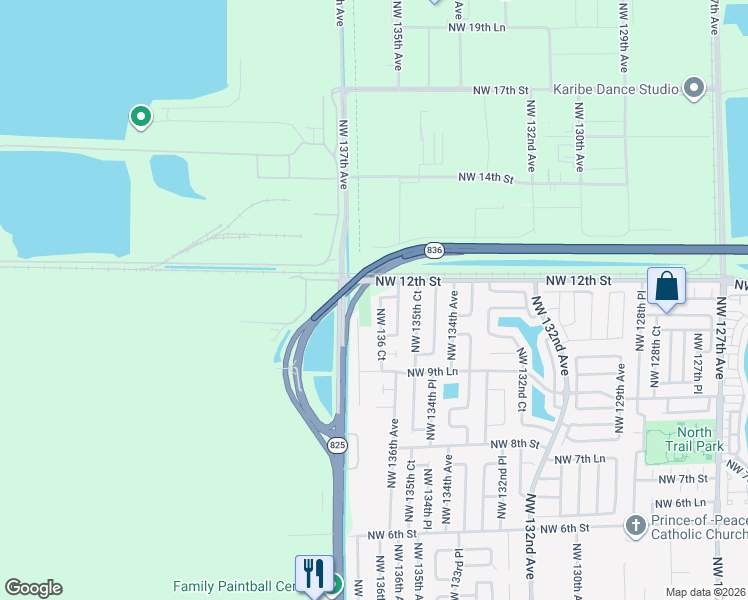map of restaurants, bars, coffee shops, grocery stores, and more near 1136 Northwest 136 Court in Miami