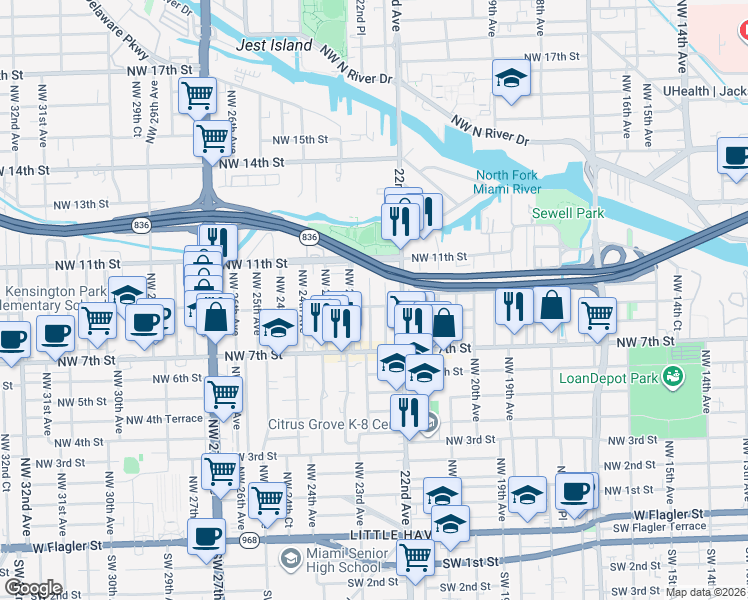 map of restaurants, bars, coffee shops, grocery stores, and more near 927 Northwest 22nd Court in Miami