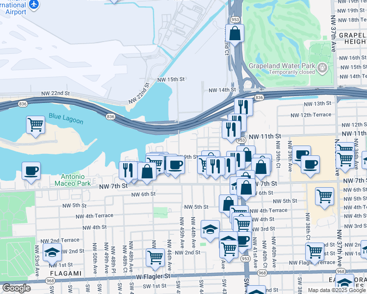 map of restaurants, bars, coffee shops, grocery stores, and more near 1015 Northwest 45th Avenue in Miami