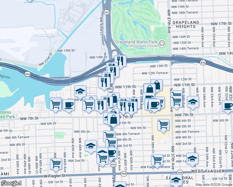 map of restaurants, bars, coffee shops, grocery stores, and more near 1099 Northwest 42nd Avenue in Miami