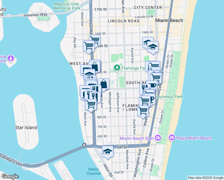 map of restaurants, bars, coffee shops, grocery stores, and more near 1052 Jefferson Avenue in Miami Beach