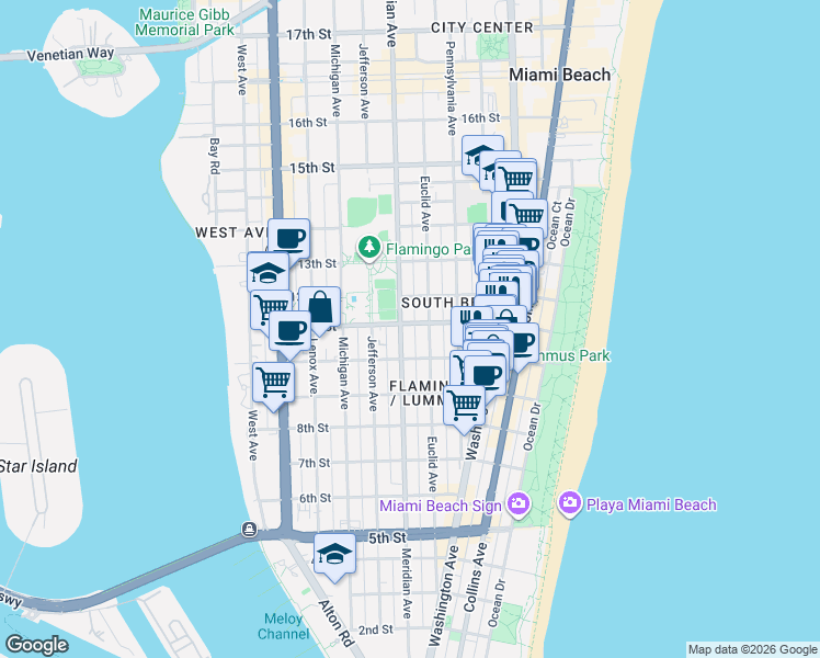 map of restaurants, bars, coffee shops, grocery stores, and more near 739 11th Street in Miami Beach