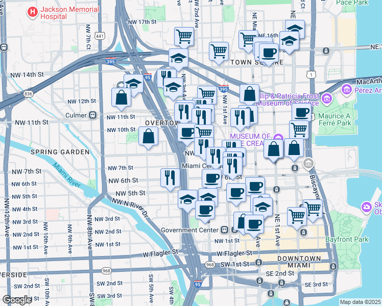 map of restaurants, bars, coffee shops, grocery stores, and more near 245 Northwest 8th Street in Miami