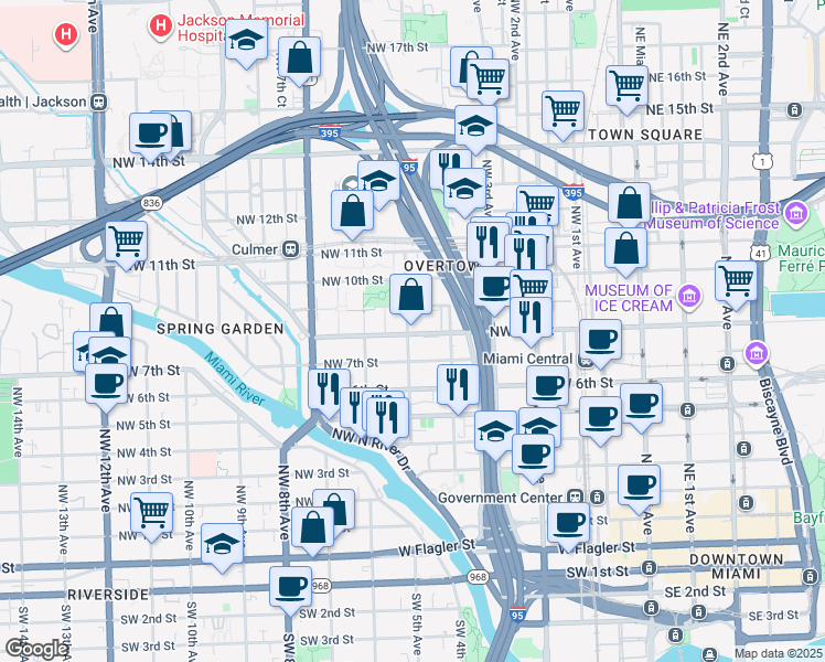 map of restaurants, bars, coffee shops, grocery stores, and more near 547 Northwest 8th Street in Miami