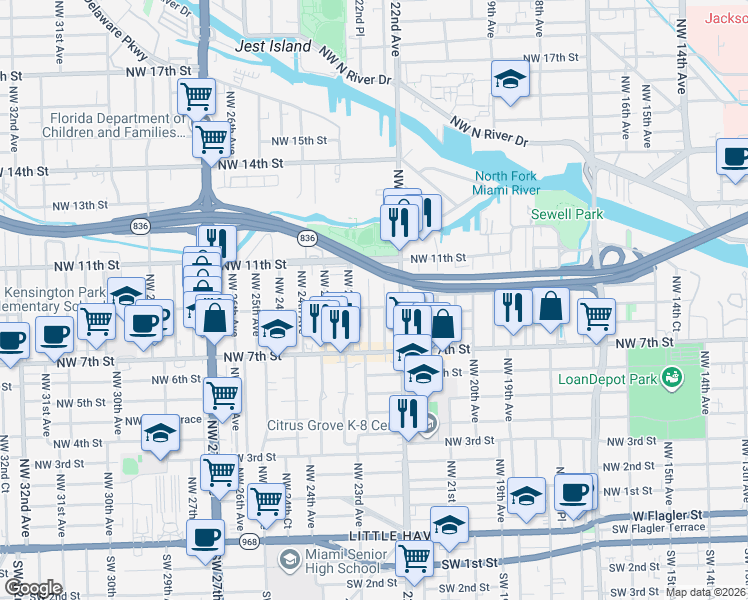 map of restaurants, bars, coffee shops, grocery stores, and more near 927 Northwest 22nd Court in Miami