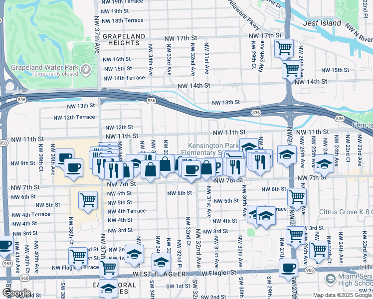 map of restaurants, bars, coffee shops, grocery stores, and more near 1022 Northwest 32nd Court in Miami