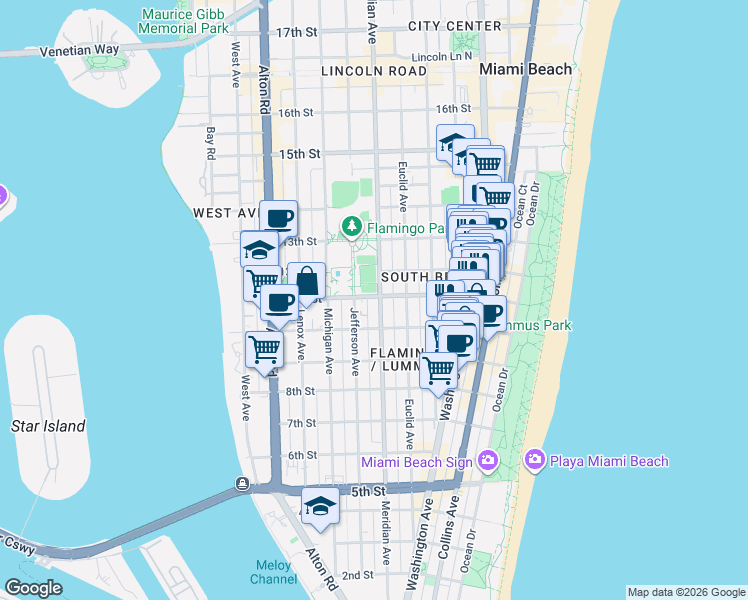 map of restaurants, bars, coffee shops, grocery stores, and more near 739 11th Street in Miami Beach
