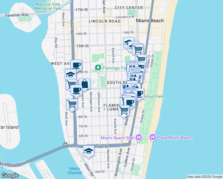 map of restaurants, bars, coffee shops, grocery stores, and more near 739 11th Street in Miami Beach