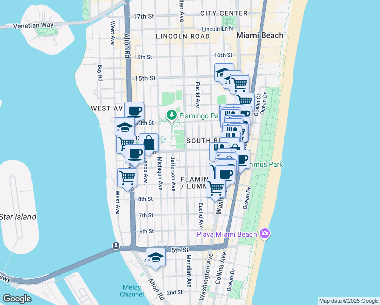 map of restaurants, bars, coffee shops, grocery stores, and more near 739 11th Street in Miami Beach