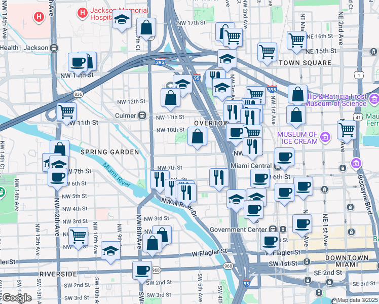 map of restaurants, bars, coffee shops, grocery stores, and more near 547 Northwest 8th Street in Miami