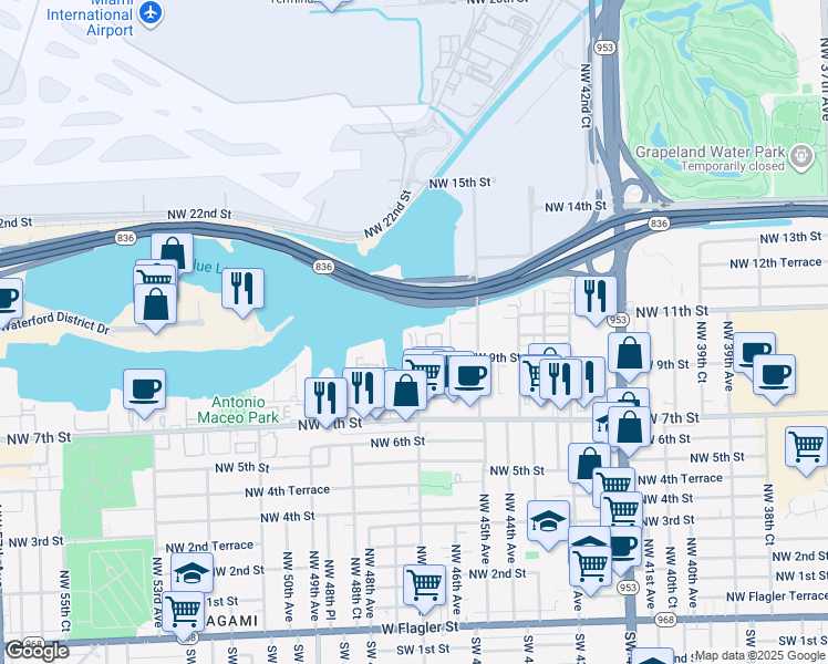 map of restaurants, bars, coffee shops, grocery stores, and more near 998 Northwest 47th Avenue in Miami