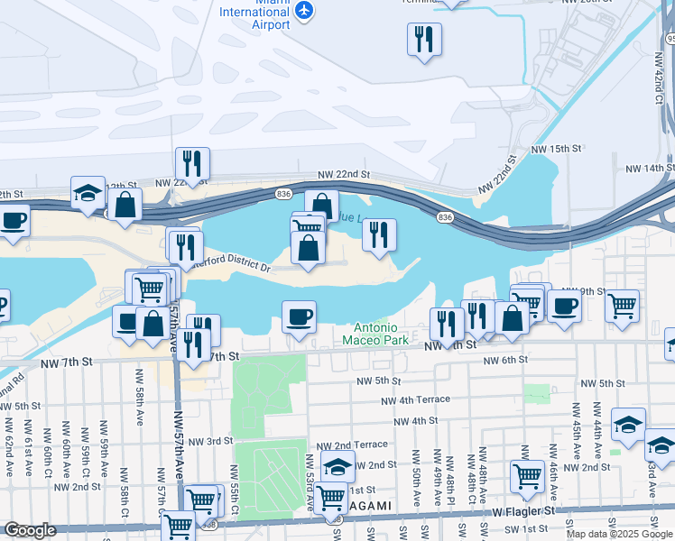 map of restaurants, bars, coffee shops, grocery stores, and more near 5200 Waterford District Drive in Miami
