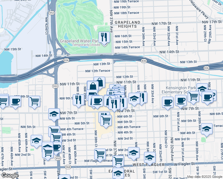 map of restaurants, bars, coffee shops, grocery stores, and more near 750 Northwest 37th Avenue in Miami
