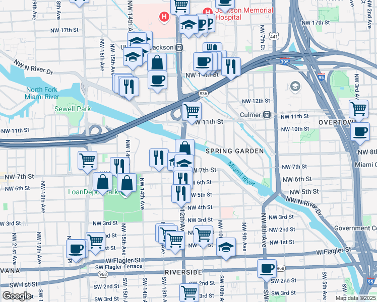 map of restaurants, bars, coffee shops, grocery stores, and more near 1151 Northwest South River Drive in Miami
