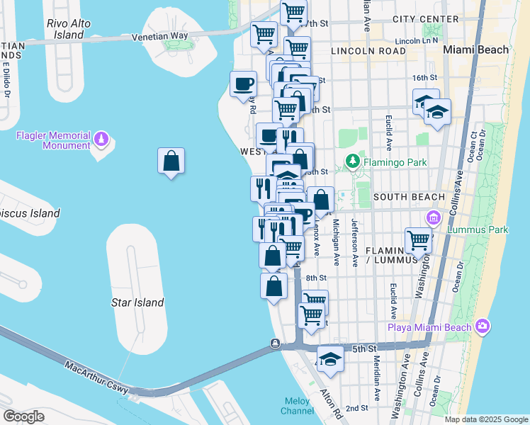 map of restaurants, bars, coffee shops, grocery stores, and more near 1100 West Avenue in Miami Beach