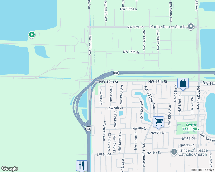 map of restaurants, bars, coffee shops, grocery stores, and more near 1134 Northwest 136th Avenue in Miami