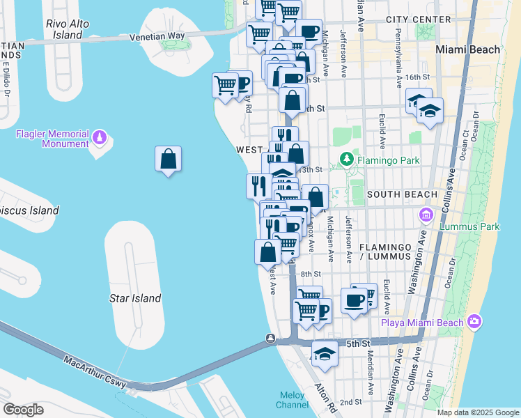 map of restaurants, bars, coffee shops, grocery stores, and more near 1100 West Avenue in Miami Beach