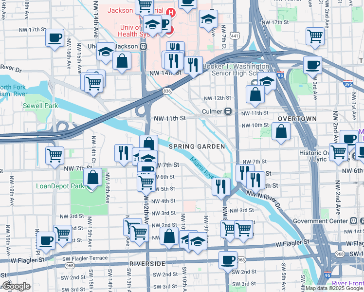 map of restaurants, bars, coffee shops, grocery stores, and more near in Miami