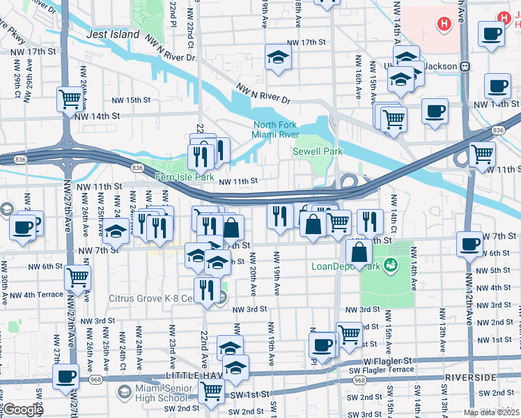 map of restaurants, bars, coffee shops, grocery stores, and more near 870 Northwest 19th Court in Miami