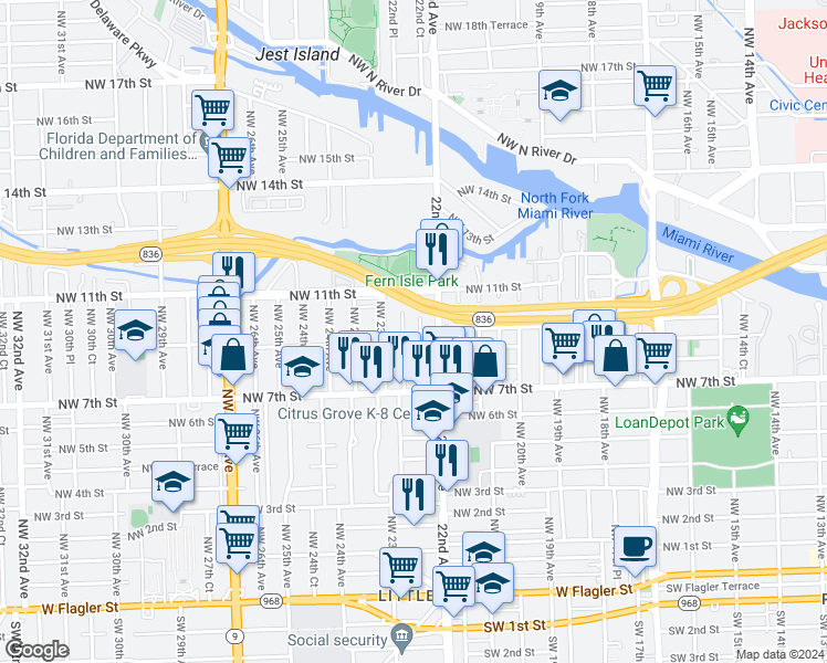 map of restaurants, bars, coffee shops, grocery stores, and more near 927 Northwest 22nd Court in Miami