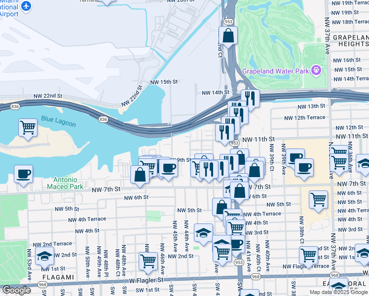 map of restaurants, bars, coffee shops, grocery stores, and more near 4393 Northwest 10th Street in Miami