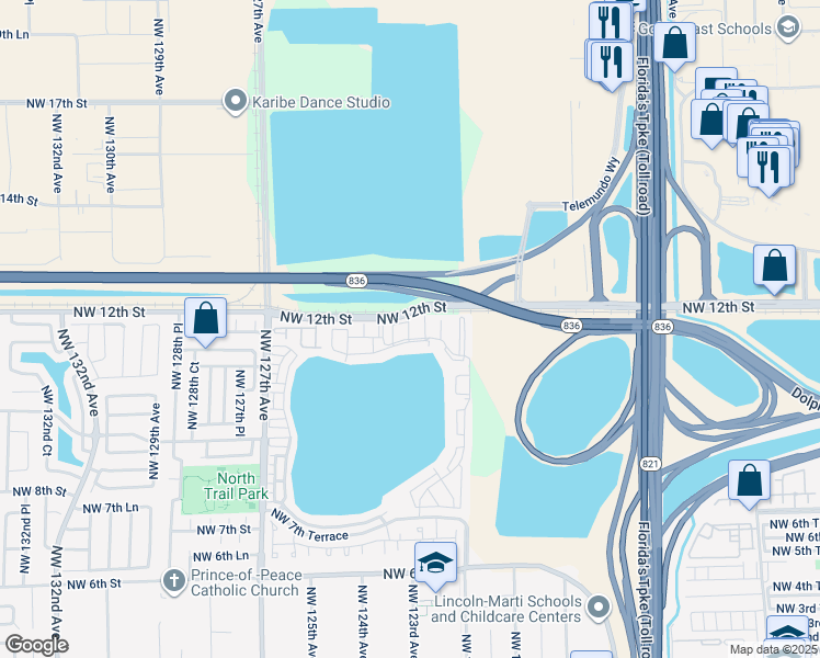 map of restaurants, bars, coffee shops, grocery stores, and more near 1179 Northwest 124 Place in Miami