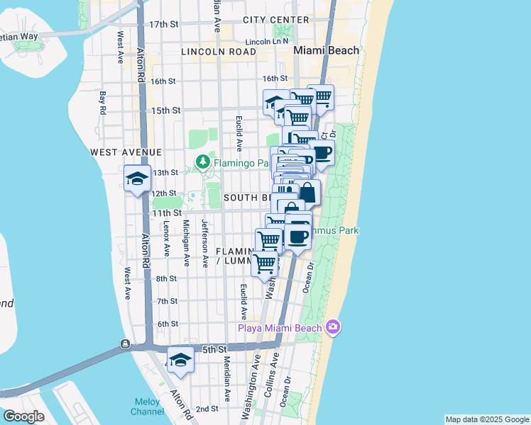 map of restaurants, bars, coffee shops, grocery stores, and more near in Miami Beach