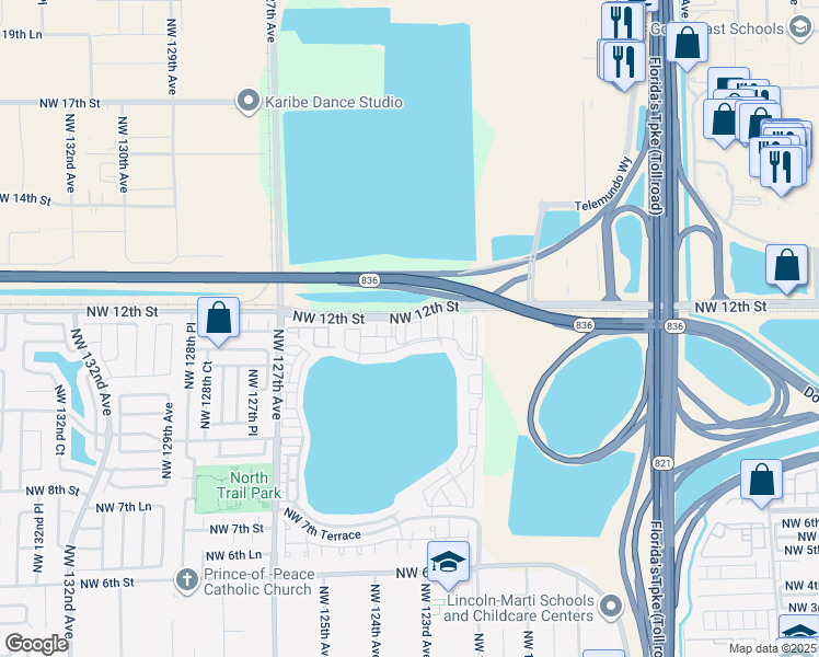 map of restaurants, bars, coffee shops, grocery stores, and more near 1179 Northwest 124 Place in Miami